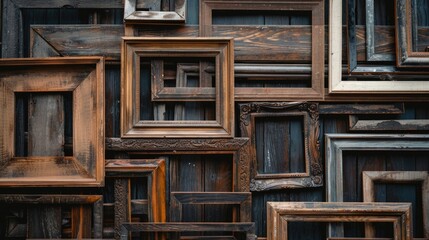 Aufkleber - A collection of wooden picture frames stacked vertically