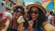 © DigitalArt - Three happy friends enjoying ice cream on a sunny day, smiling and having fun, capturing a joyful summer moment together.
