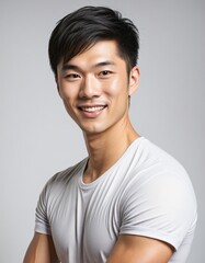 Wall Mural - Stylish young Asian male striking a pose with a captivating smile in a studio portrait on a white background