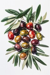 Poster - Fresh olives surrounded by green leaves on a clean white surface, ideal for food and nature photography