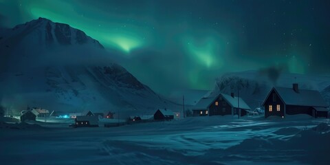 Poster - A snowy mountain landscape with a vibrant green aurora in the night sky