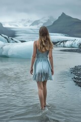 Poster - A woman stands in the water wearing a blue dress, suitable for use as a decorative image or in a story about a character in a similar situation