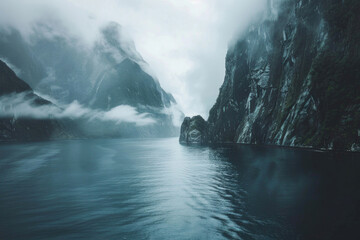 Wall Mural - Foggy Milford Sound with towering cliffs and serene waters, New Zealand