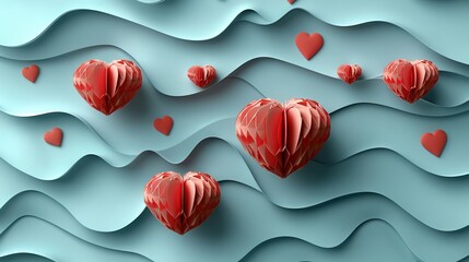 Wall Mural -   A collection of red hearts floating above a blue paper wave with red hearts suspended in it