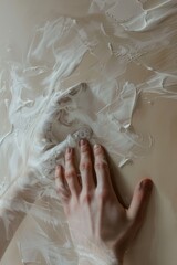 Poster - A person's hand resting on a table covered in white feathers, a unique and intriguing scene
