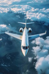 Aufkleber - A large jet soaring through the sky above fluffy white clouds, ideal for aviation, travel or weather-related uses