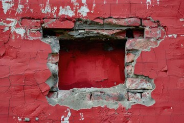Poster - A section of red wall with a hole in it, providing an entry point or escape route
