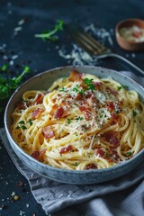 Poster - A plate of spaghetti topped with crispy bacon and melted parmesan cheese, ideal for a quick lunch or dinner