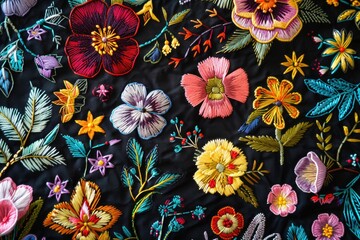 Poster - Close-up of a black fabric featuring colorful flowers