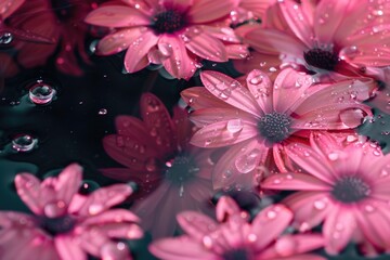 Poster - Close-up shot of pink flowers with water droplets on petals, suitable for use in beauty or lifestyle editorials