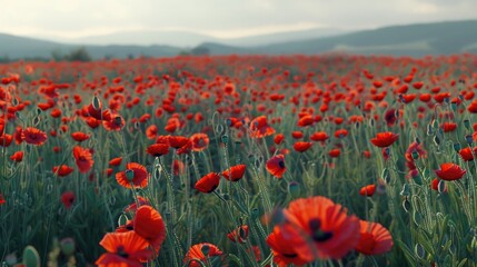 Sticker - A field of red flowers against a backdrop of majestic mountains