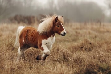 Aufkleber - A small brown and white pony runs freely through a green field, ideal for rustic or countryside themed projects