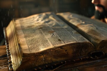 Aufkleber - A vintage book sits atop a wooden table with a rustic atmosphere