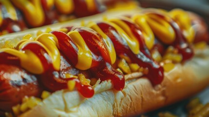 Canvas Print - Two hot dogs topped with ketchup and mustard