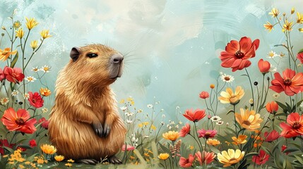 Wall Mural -   A painting of a groundhog surrounded by a field of flowers and set against a blue backdrop