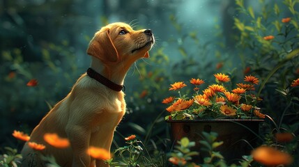 Wall Mural -   A dog gazing at an orange-hued sky surrounded by a field of flowers