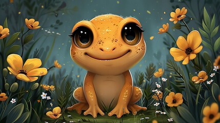 Wall Mural -   Yellow frog smiling in yellow flower field