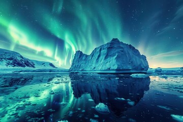 Wall Mural - arctic majesty towering iceberg with intricate blue patterns reflected in calm waters northern lights dance in the sky above casting ethereal glow on floating ice chunks and distant glaciers