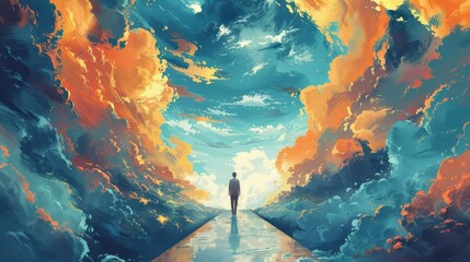 A man is walking down a path in a painting of a cloudy sky
