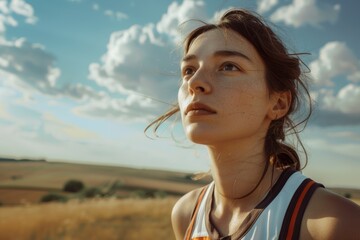 Wall Mural - Portrait of a tender woman in her 40s dressed in a high-performance basketball jersey in front of quiet countryside landscape