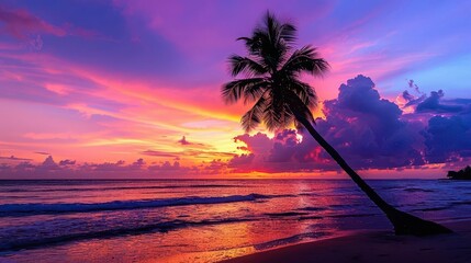 Wall Mural - breathtaking coastal vista lone palm tree silhouette against vibrant sunset sky pristine beach tranquil ocean waves tropical paradise