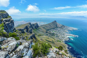 Wall Mural - Panoramic view from Table Mountain overlooking Cape Town and the ocean