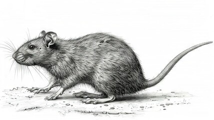 Wall Mural -   Black & white illustration of a rat perched on the ground with its front paws touching the floor