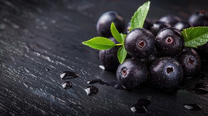 Wall Mural - Close Up of Fresh Acai Berries with Dew Drops