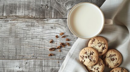 Wall Mural - Milk and cookies placed on wood surface overhead shot