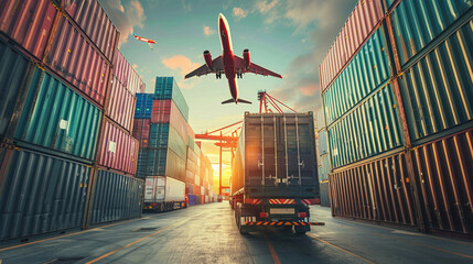 Global business logistics and transportation of import export good shown by Container cargo freight ship at international port. Cargo plane flying above truck shipping container. Logistic industry