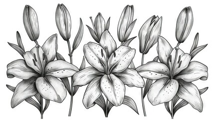   A monochromatic depiction of lilies on white, with two identical versions