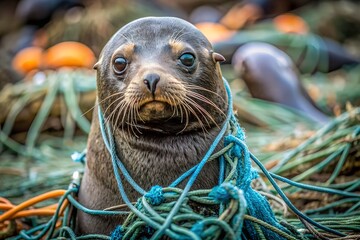 a fur seal was caught in fishing nets on the deck of a boat. close-up. marine animal protection conc