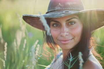 Wall Mural - Portrait of a satisfied indian woman in her 30s wearing a rugged cowboy hat on bright spring meadow