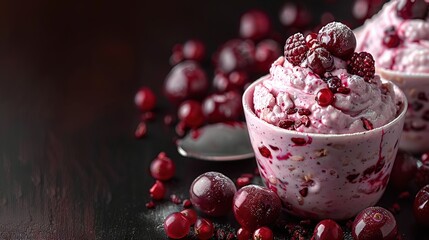 Wall Mural -   A close-up shot of an ice cream cone with cranberries on top, resting on a table adorned with cranberries scattered around it