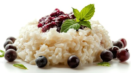 Wall Mural -   A close-up of a white plate holding steaming rice and fresh berries with a lush green leaf placed delicately on top