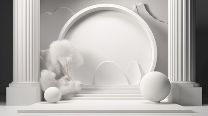 Poster - Minimalist white architectural scene with arches, spheres, and clean lines, embodying a modern and stylish aesthetic.