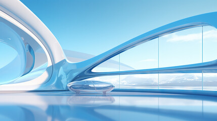 Poster - Abstract architecture scene with smooth curves. Abstract background with futuristic building in white and blue colors.