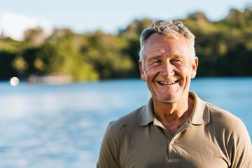 Wall Mural - Portrait of a grinning man in his 60s wearing a sporty polo shirt in front of serene lakeside view