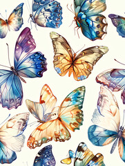 Poster - Elegant watercolor butterflies in a seamless pattern, gracefully floating on a pristine white backdrop