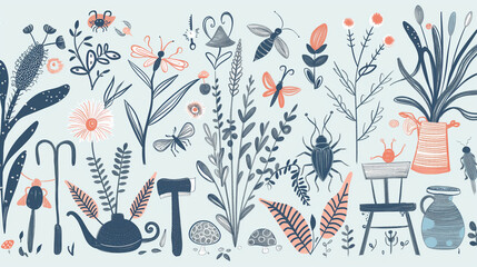 Wall Mural - A blue and white drawing of a garden with various plants and insects
