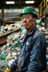 Wall Mural - Portrait of a Japanese technician inspecting recycling machinery in a waste management facility, high detail, photorealistic, well-lit setting, engaged atmosphere