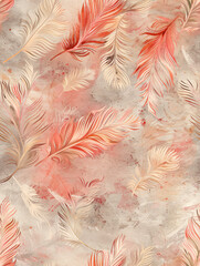 Poster - Seamless pattern with feathers floating on a textured background, in orange and beige tones