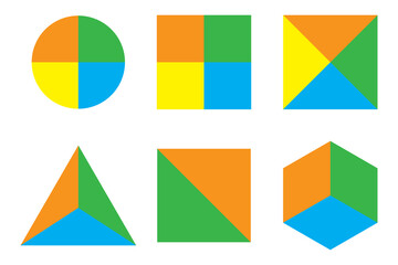 Poster - Geometric shape icons. Colorful divided forms. Circle, square, triangle. Vector illustration set.