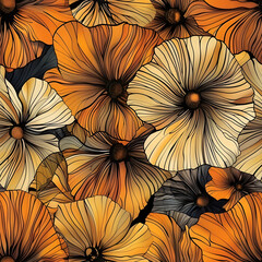 Poster - Seamless floral pattern with stylized flowers blooming in orange and beige colors on a black background
