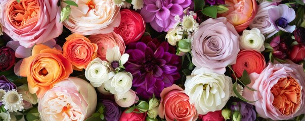 Beautiful flower arrangement forming a stunning floral background, with a variety of colors and flowers such as roses, dahlias, and anemones