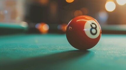 A close-up shot of the iconic 8-ball on the green felt of a pool table, with a warm bokeh background