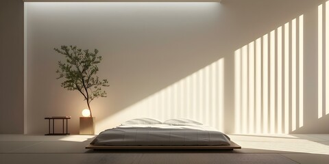 Wall Mural - Contemporary room with minimalist design subtle lighting and mori kei elements. Concept Minimalist Décor, Wabi-Sabi Aesthetic, Neutral Color Palette, Natural Textures, Serene Atmosphere