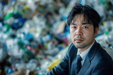 Wall Mural - Portrait of a Japanese environmental consultant conducting a waste audit, high detail, photorealistic, focused expression, studio lighting