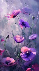 Canvas Print - Vibrant purple poppies blooming gracefully in a summer meadow, swaying in the gentle breeze with a dreamy textured background