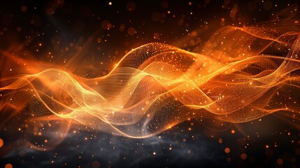 Poster -   An orange and yellow wave on a black backdrop with a fuzzy top light source